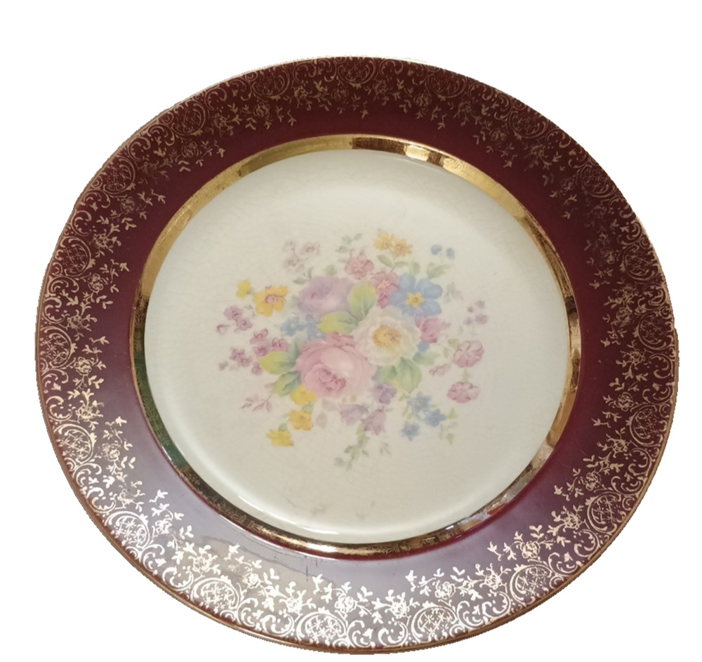 Vtg Century Salem Dinner Plate Floral Aristocrat Maroon/23 Karat Gold Filigree